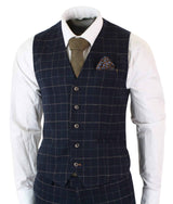 Cavani Shelby - Mens Navy Blue 3 Piece Herringbone Check Suit Vintage Retro Peaky Blinders Tweed