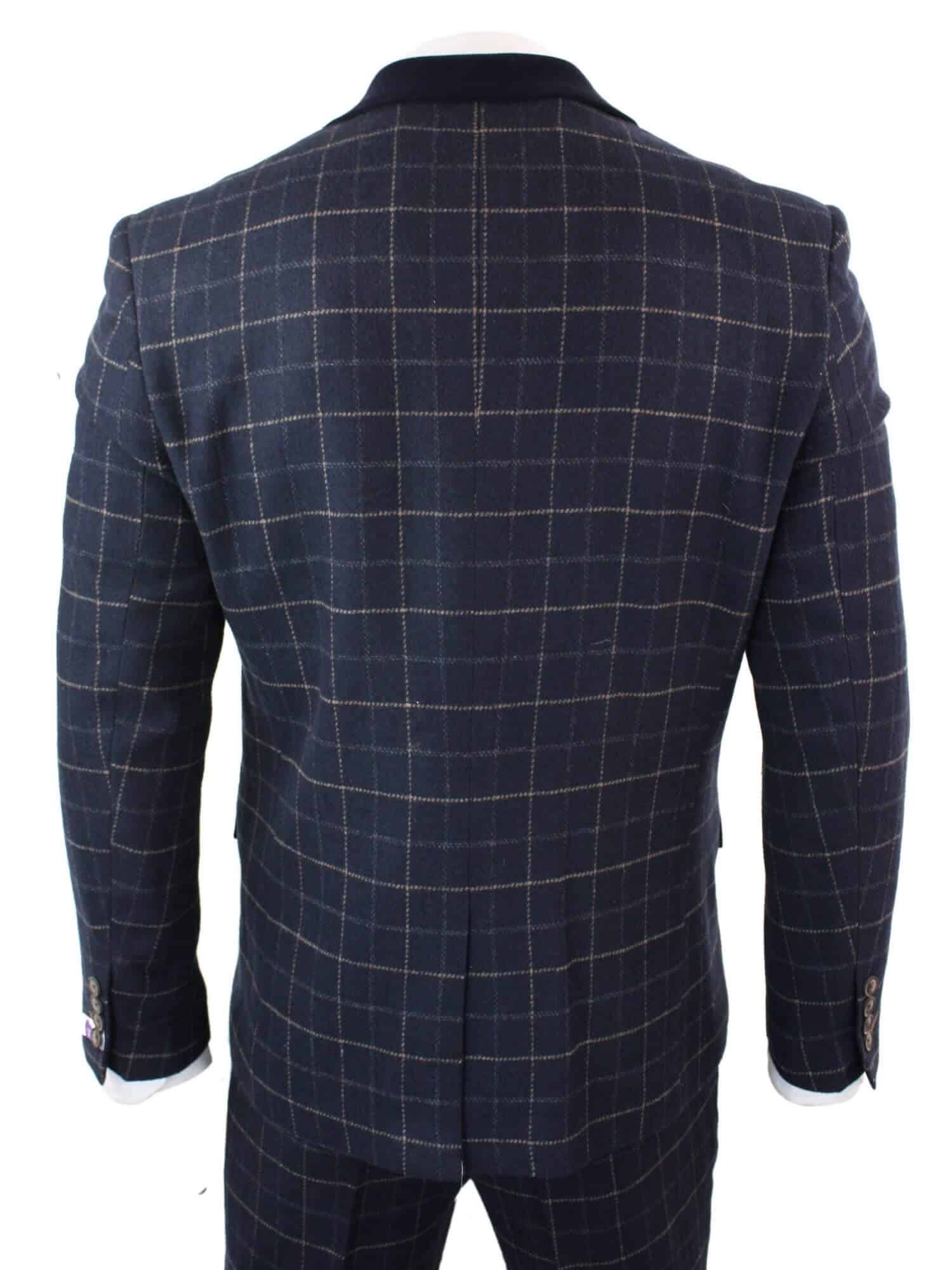 Cavani Shelby - Mens Navy Blue 3 Piece Herringbone Check Suit Vintage Retro Peaky Blinders Tweed