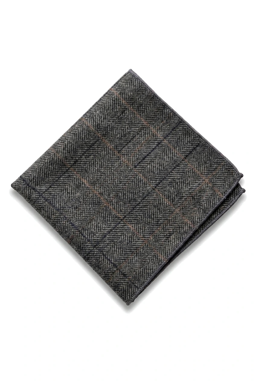 Szénszürke kockás tweed nyakkendő zsebkendővel és nyakkendőcsipesszel - Szénszürke