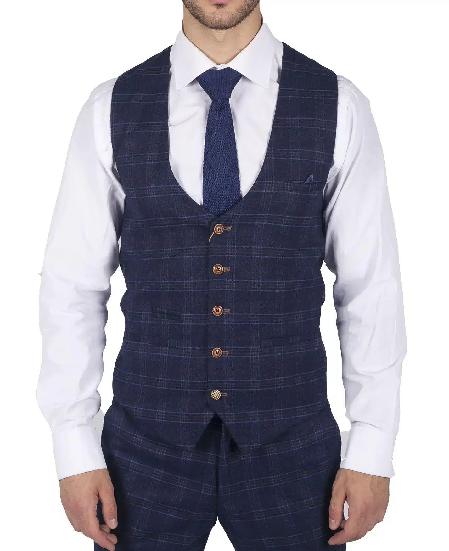 Mens Marc Darcy Blue Check Prince Of Wales Waistcoat Smart Casual Slim Fit Chigwell