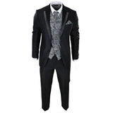 Men's Black 3-Piece Wedding Suit with Silver Cravat and Embellished Waistcoat