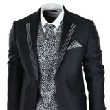 Men's Black 3-Piece Wedding Suit with Silver Cravat and Embellished Waistcoat