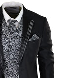 Men's Black 3-Piece Wedding Suit with Silver Cravat and Embellished Waistcoat