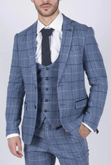 Mens Marc Darcy Light Blue Navy Check Blazer Smart Casual Tweed Slim Fit Clinton