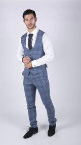 Mens Marc Darcy Light Blue Navy Check 3 Piece suit Smart Casual Tweed Slim Fit Clinton