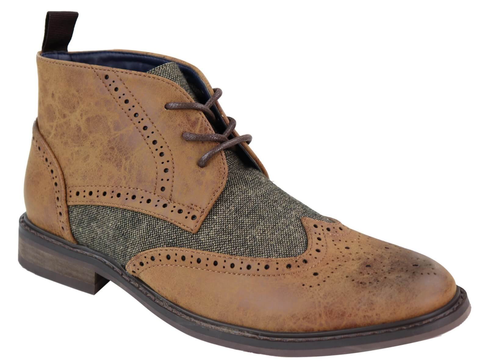Mens Leather & Tweed Laced Ankle Boots