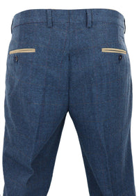 Dion - Men's Blue Herringbone Tweed Check Trousers