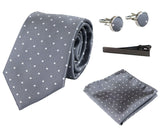 Dotted Silver Neck Tie Gift Set Pocket Square Cuff Links Tie Pin Polka Dot Satin