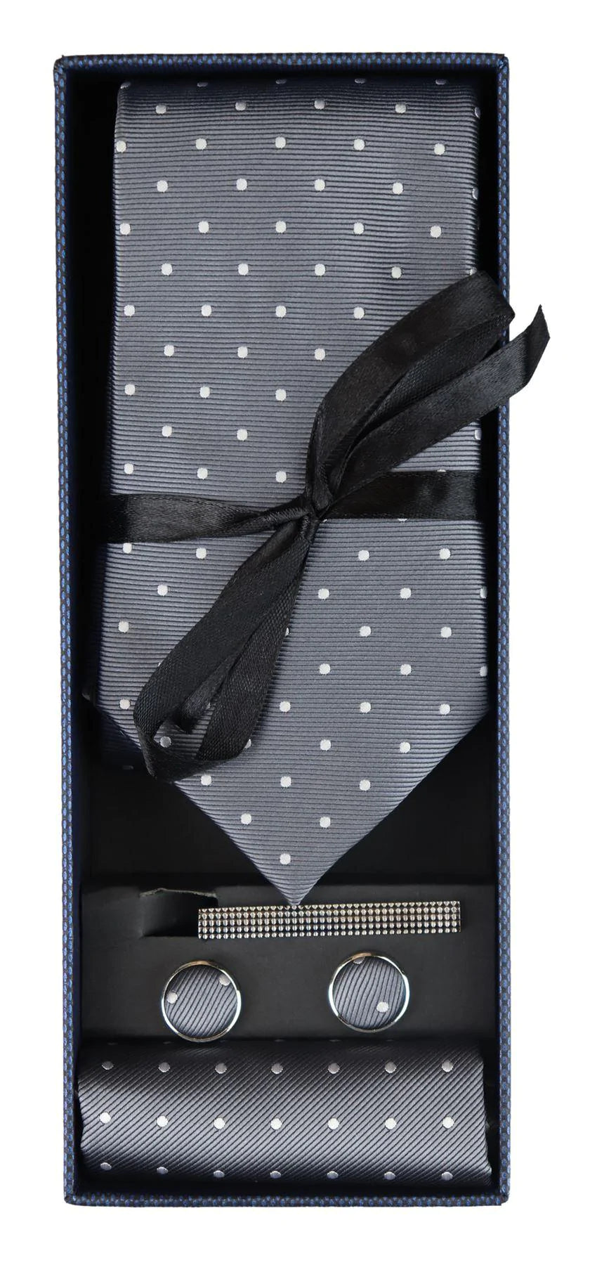 Dotted Silver Neck Tie Gift Set Pocket Square Cuff Links Tie Pin Polka Dot Satin