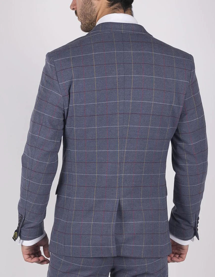 Mens Marc Darcy Blue Grey Red Check Blazer Smart Casual Tweed Slim Fit Drake