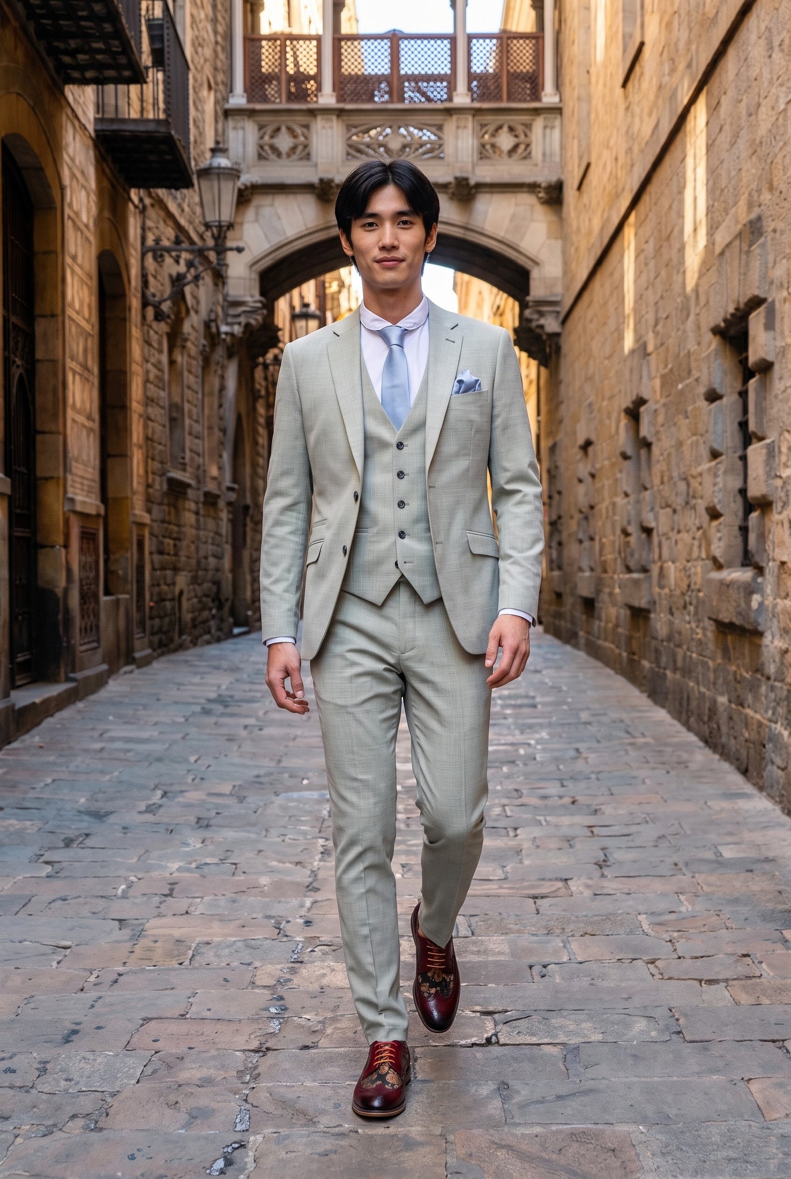 Look #238 styled with Camden - Férfi zsályazöld, háromrészes, szabott öltöny
