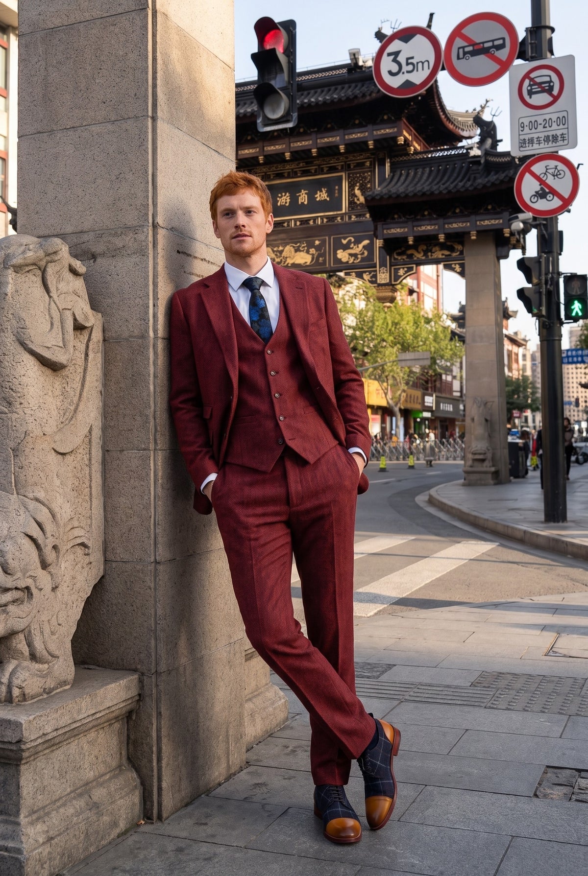 Look #271 styled with Férfi halszálkás bordó, háromrészes tweed öltöny - STZ11
