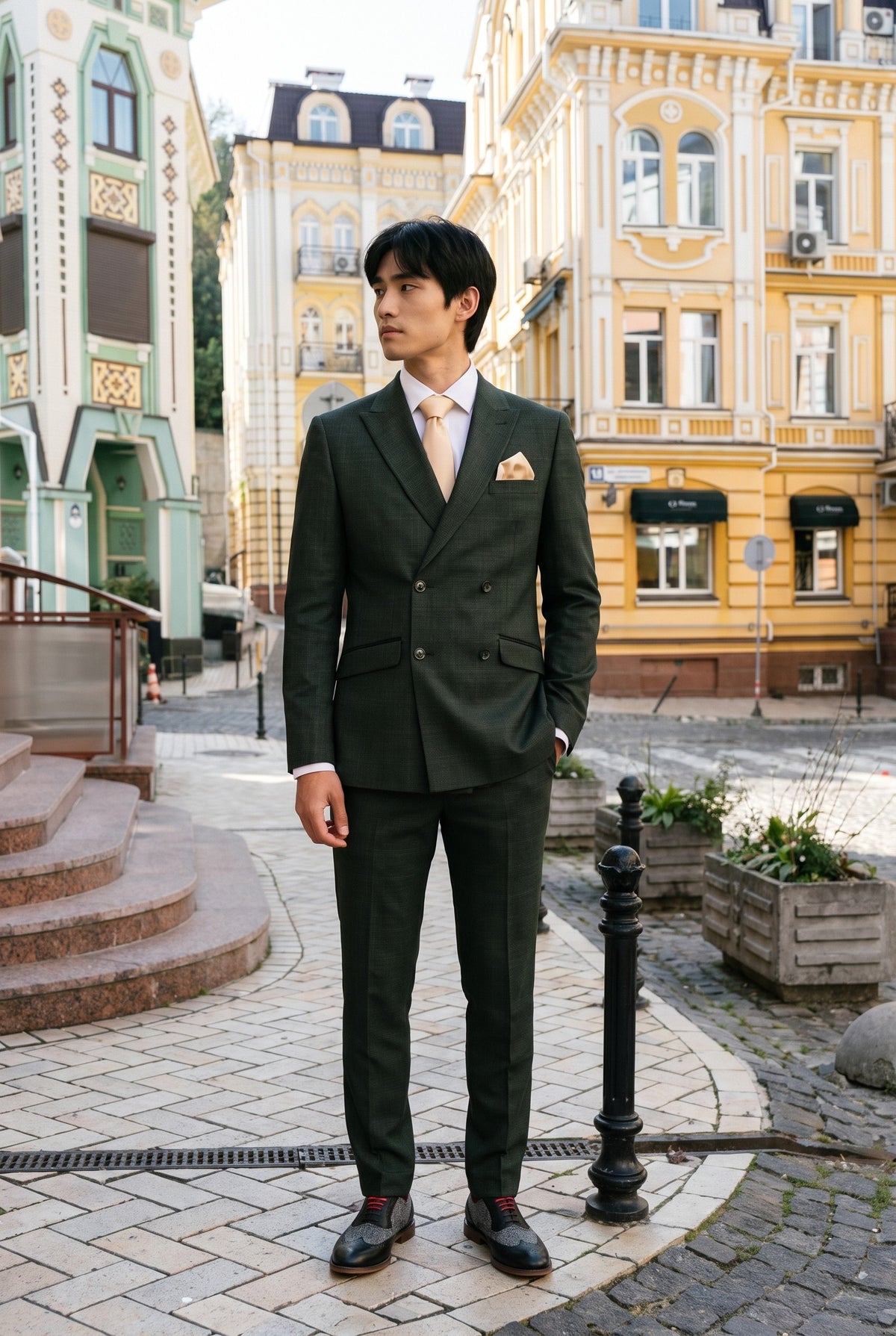 Look #780 styled with Caridi - Férfi kétrészes olívazöld dupla soros öltöny