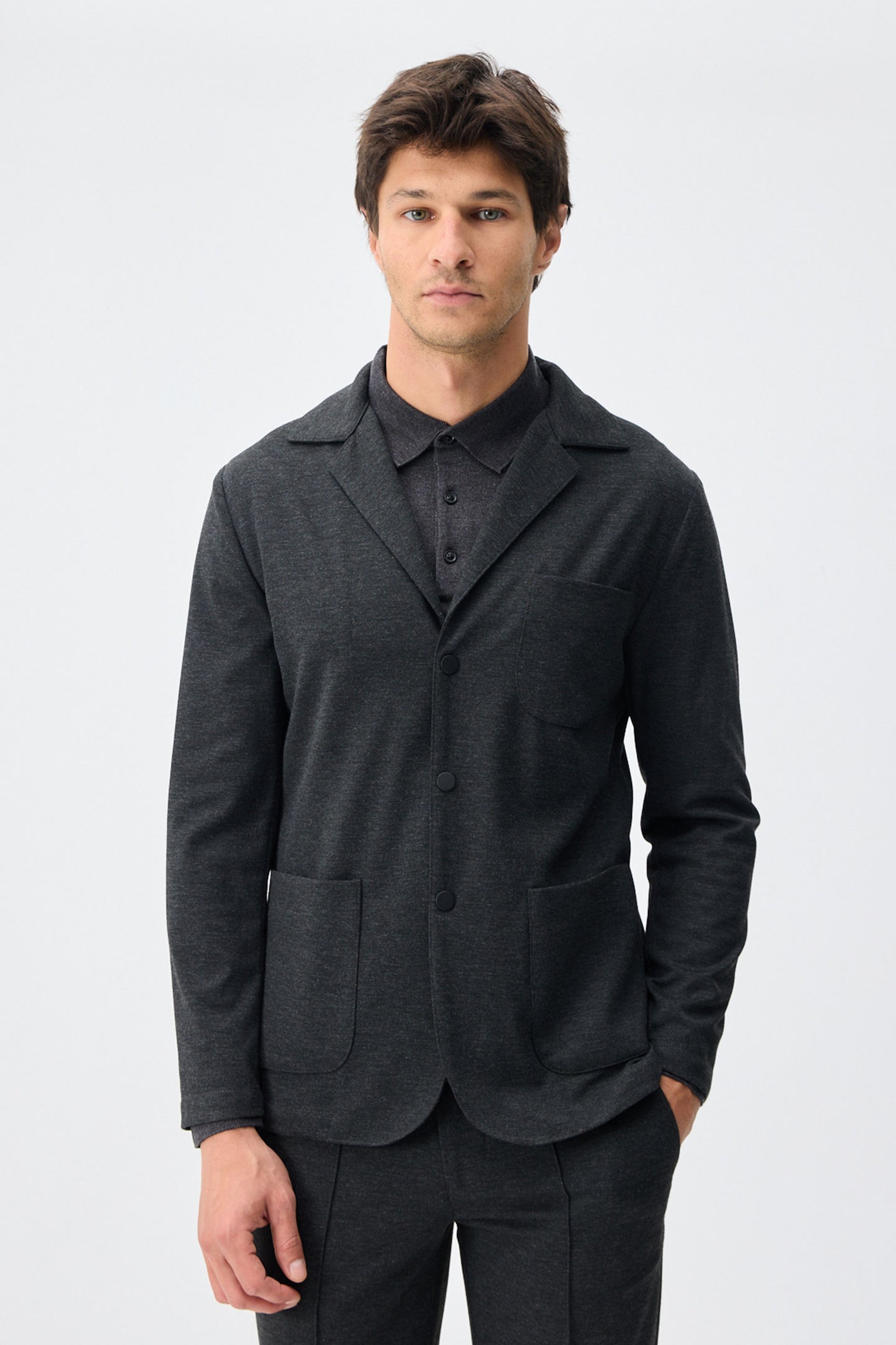 Férfi szénszürke puha jersey blézer elegáns lezser dzseki