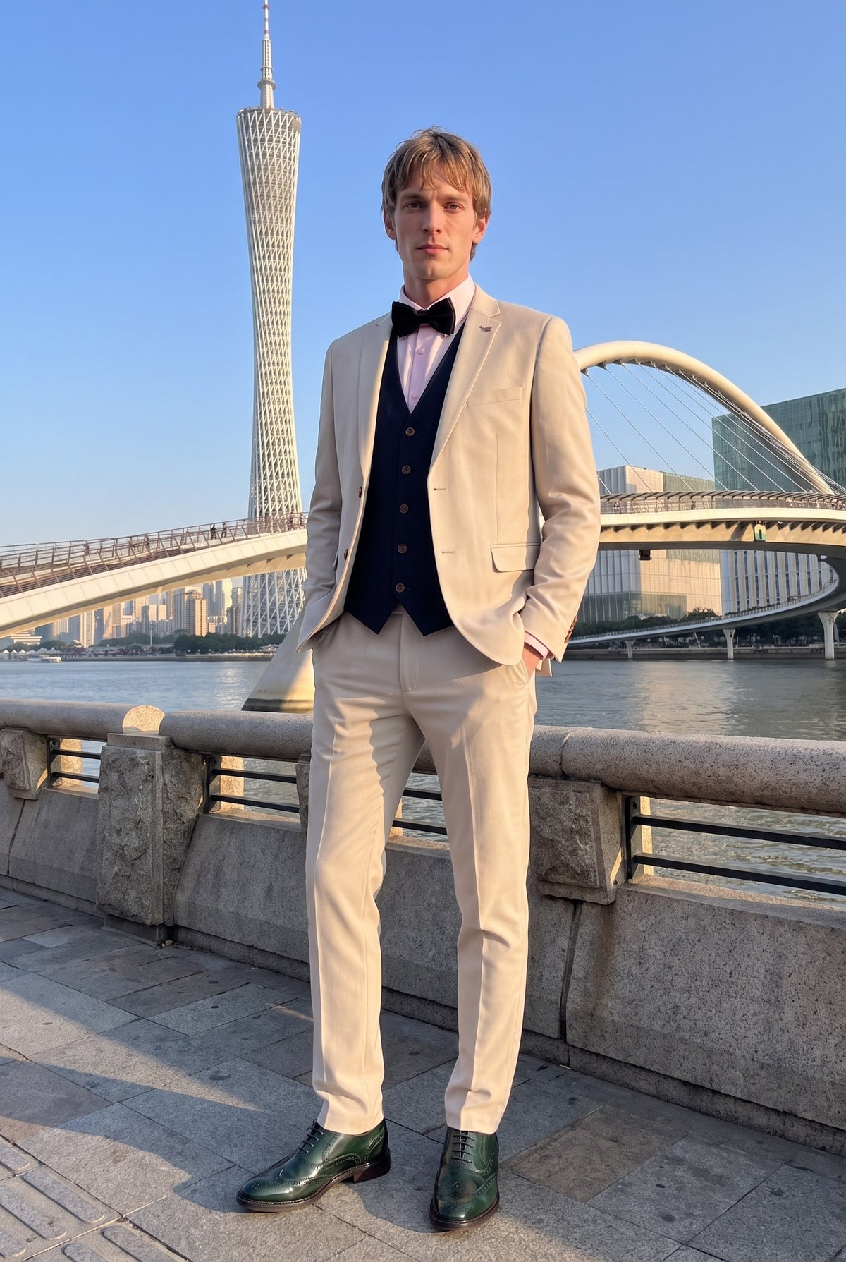 Look #999 styled with Mayfair - Férfi 3 részes krémszínű öltöny sötétkék mellénnyel