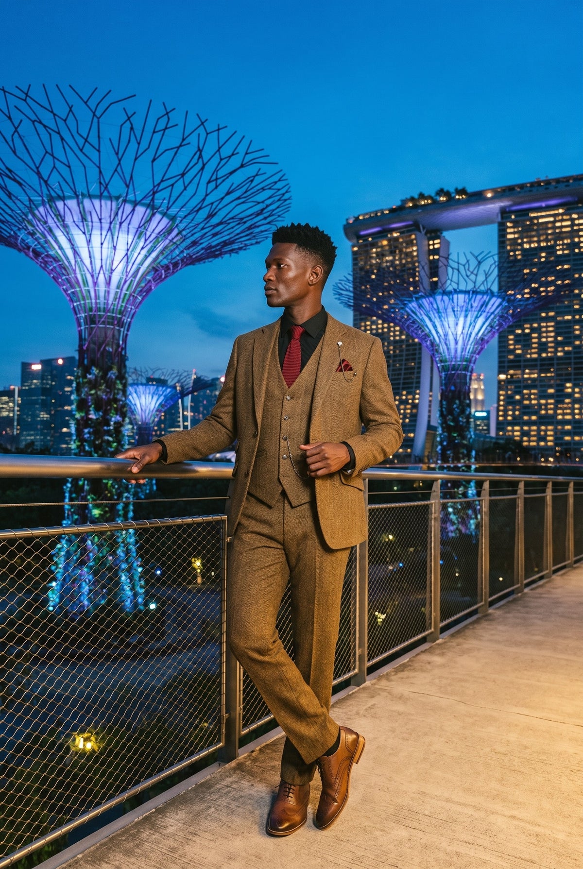 Look #958 styled with Thomas - Férfi barna, háromrészes gyapjúkeverék tweed öltöny