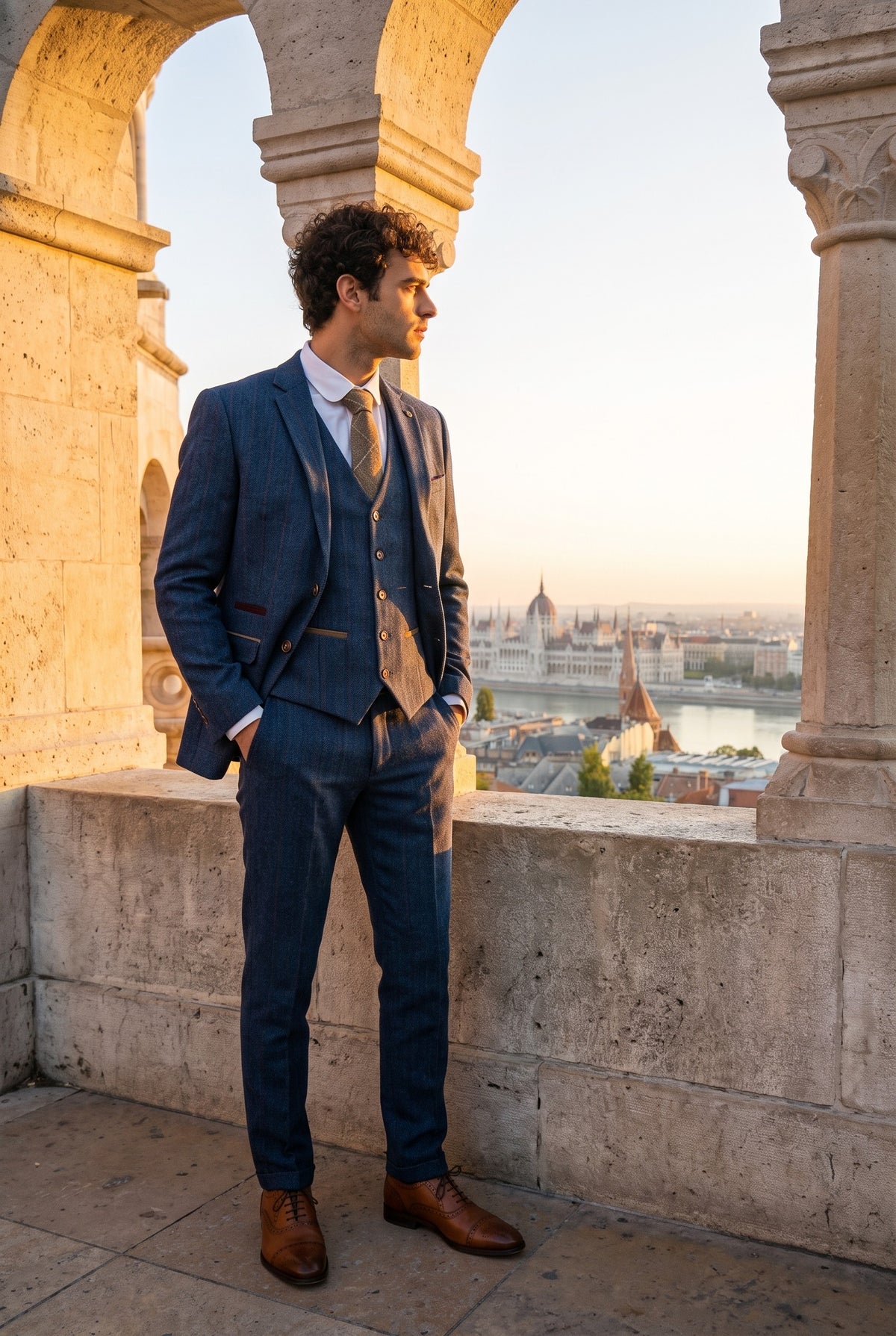 Look #365 styled with Scott Férfi Kék Háromrészes Tweed Kockás Öltöny