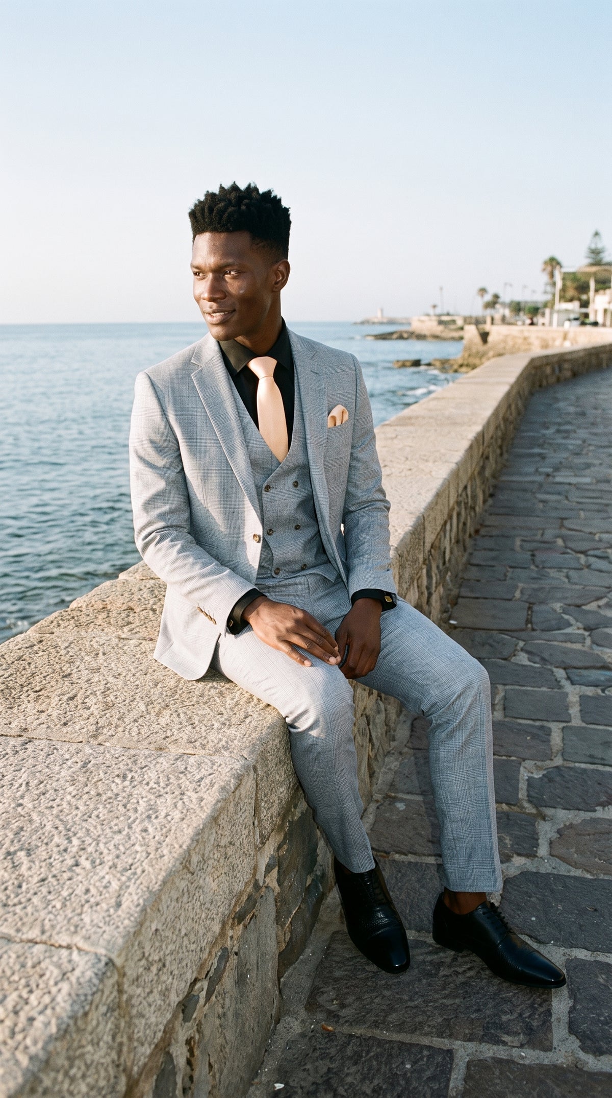 Look #493 styled with Luis - Férfi világoskék kockás, karcsúsított, háromrészes öltöny