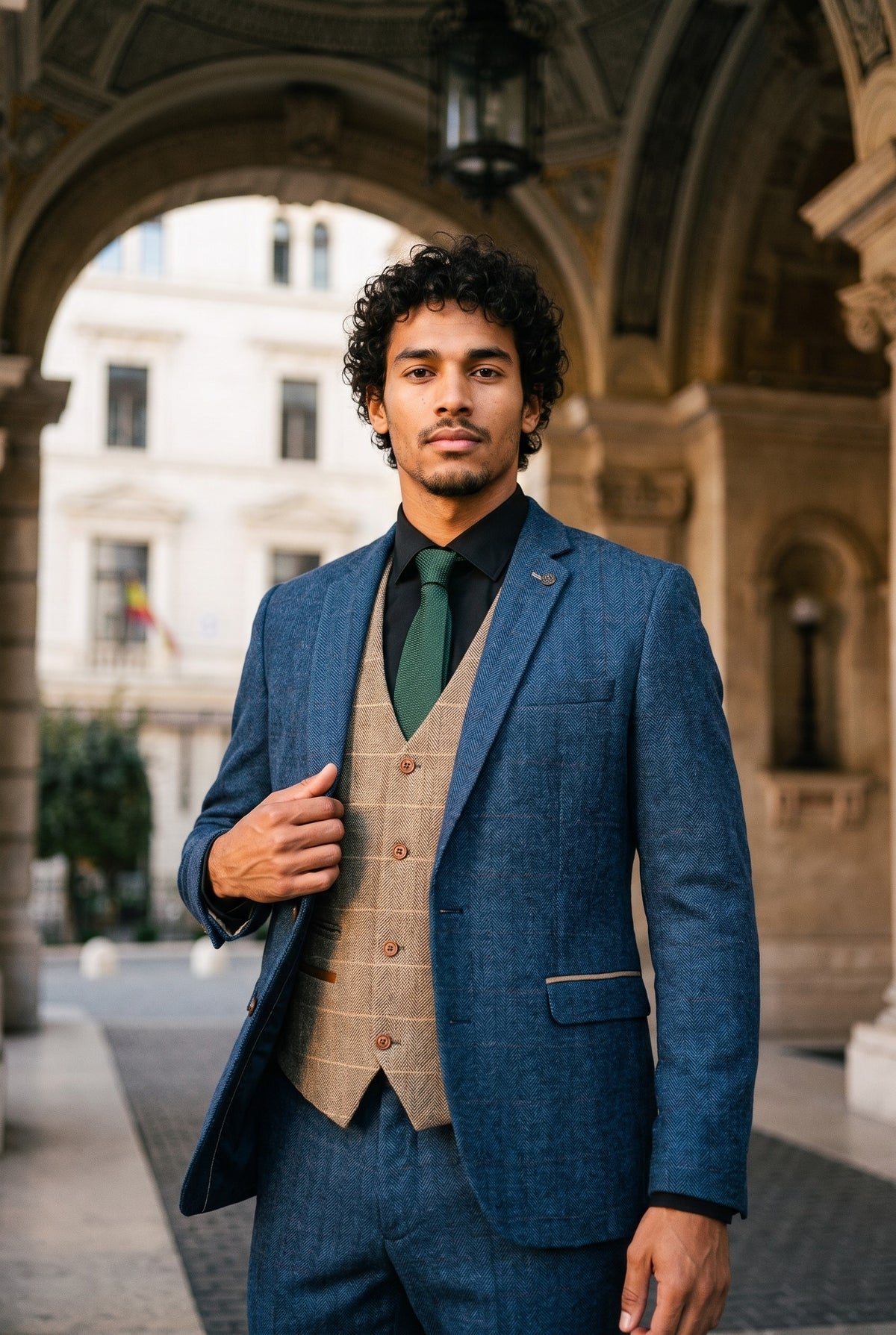 Look #984 styled with Marc Darcy Dion - Férfi kék, barnásbarna, háromrészes, halszálkás, tweed kockás, vintage szabású öltöny