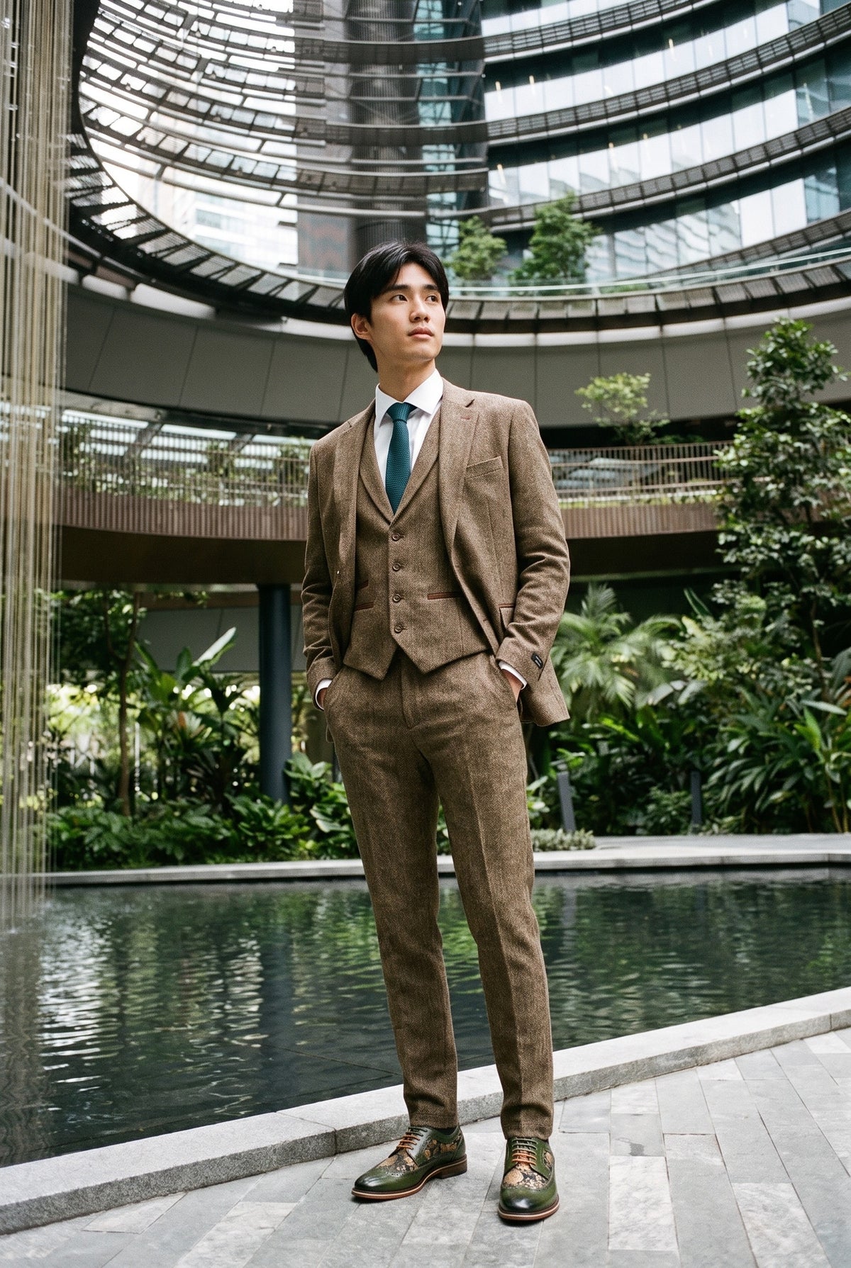 Look #939 styled with Tölgybarna halszálkás tweed háromrészes öltöny