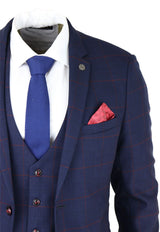 Mens Navy Check 3 Piece Suit Red Edinson Marc Darcy Classic Vintage Wedding