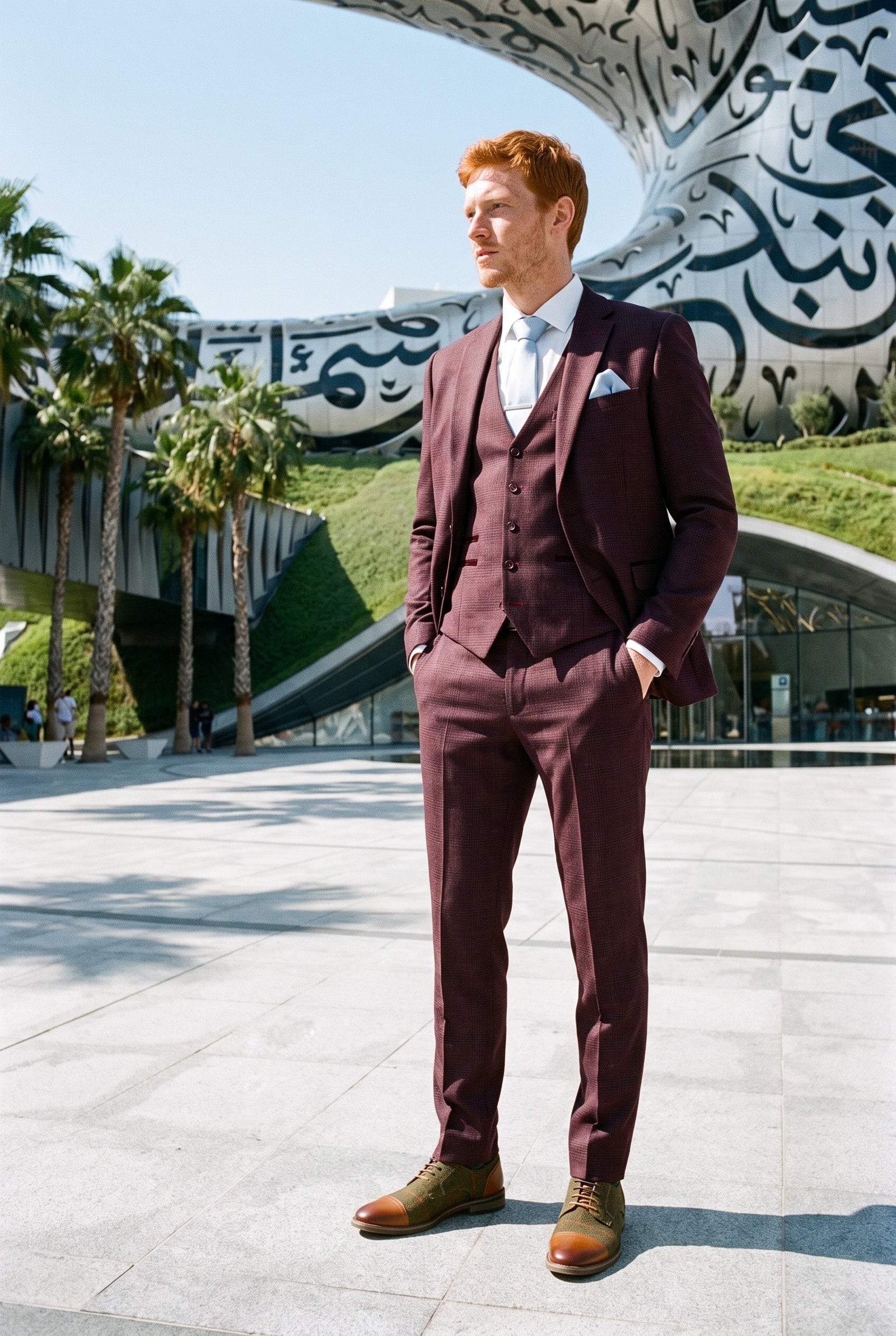 Look #286 styled with Regent - Férfi bordó színű, háromrészes, kockás öltöny, walesi herceg