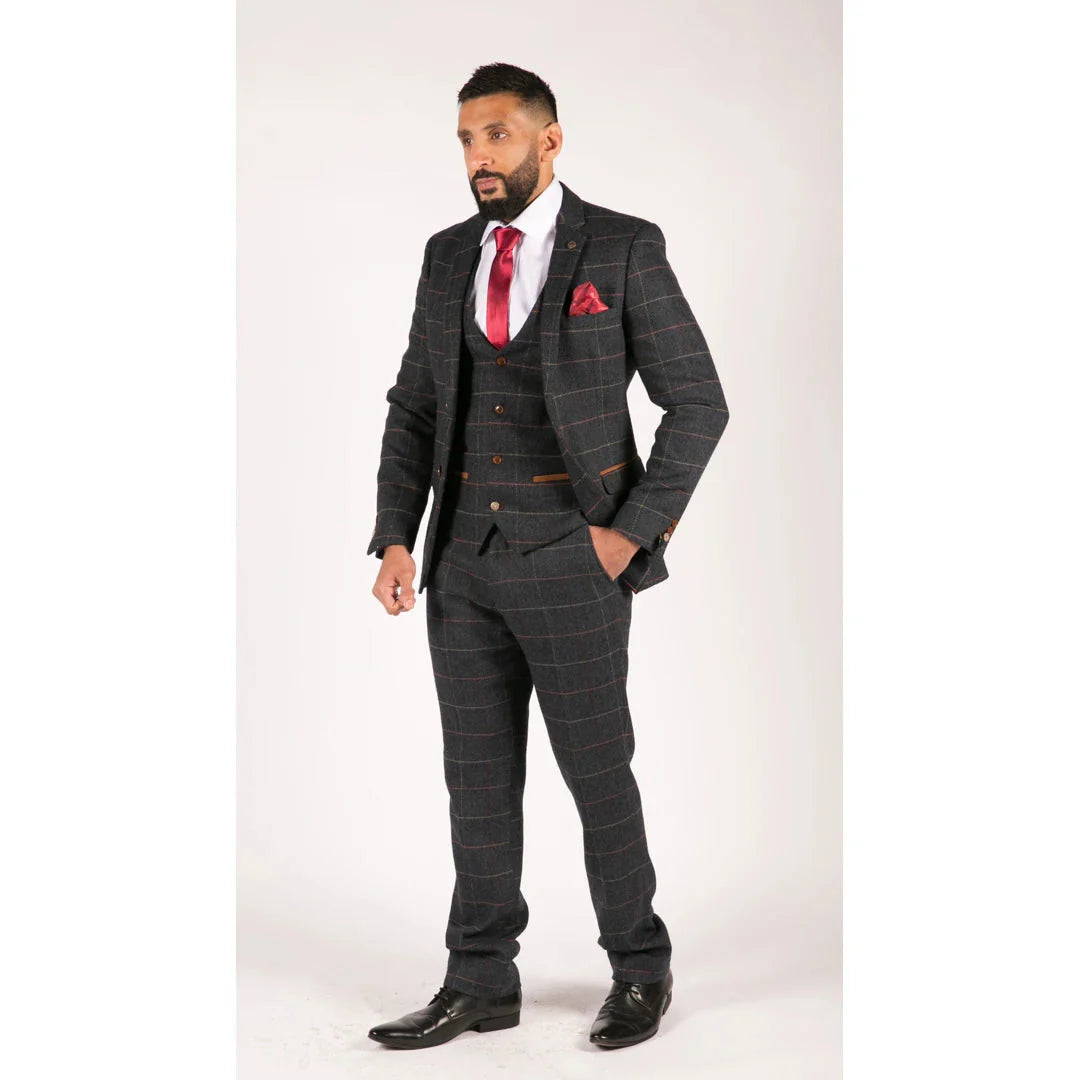 Férfi sötétkék bordó kockás halszálkás tweed vintage háromrészes új Marc Darcy öltöny