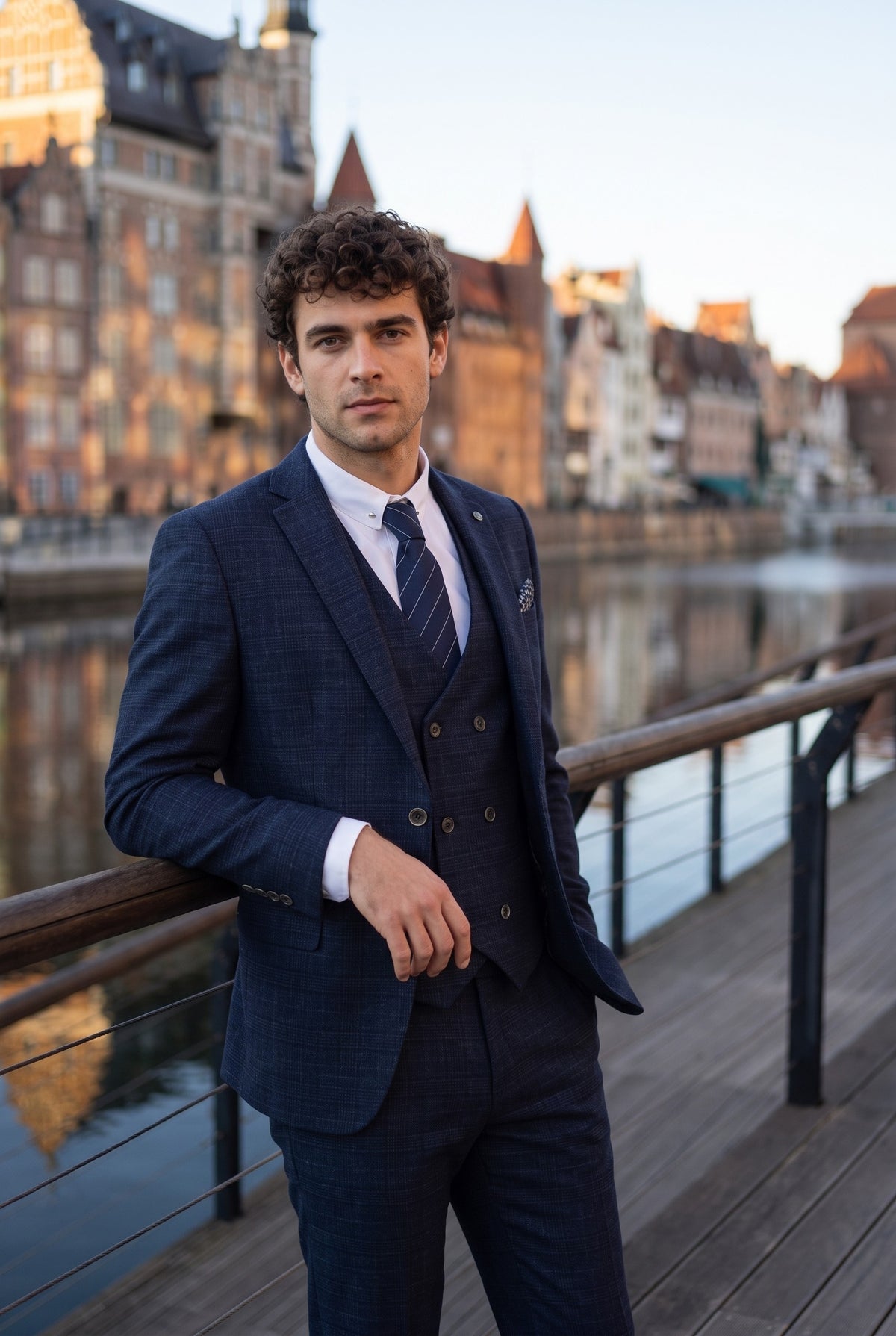 Look #344 styled with Luis - Férfi kék kockás, karcsúsított, háromrészes öltöny