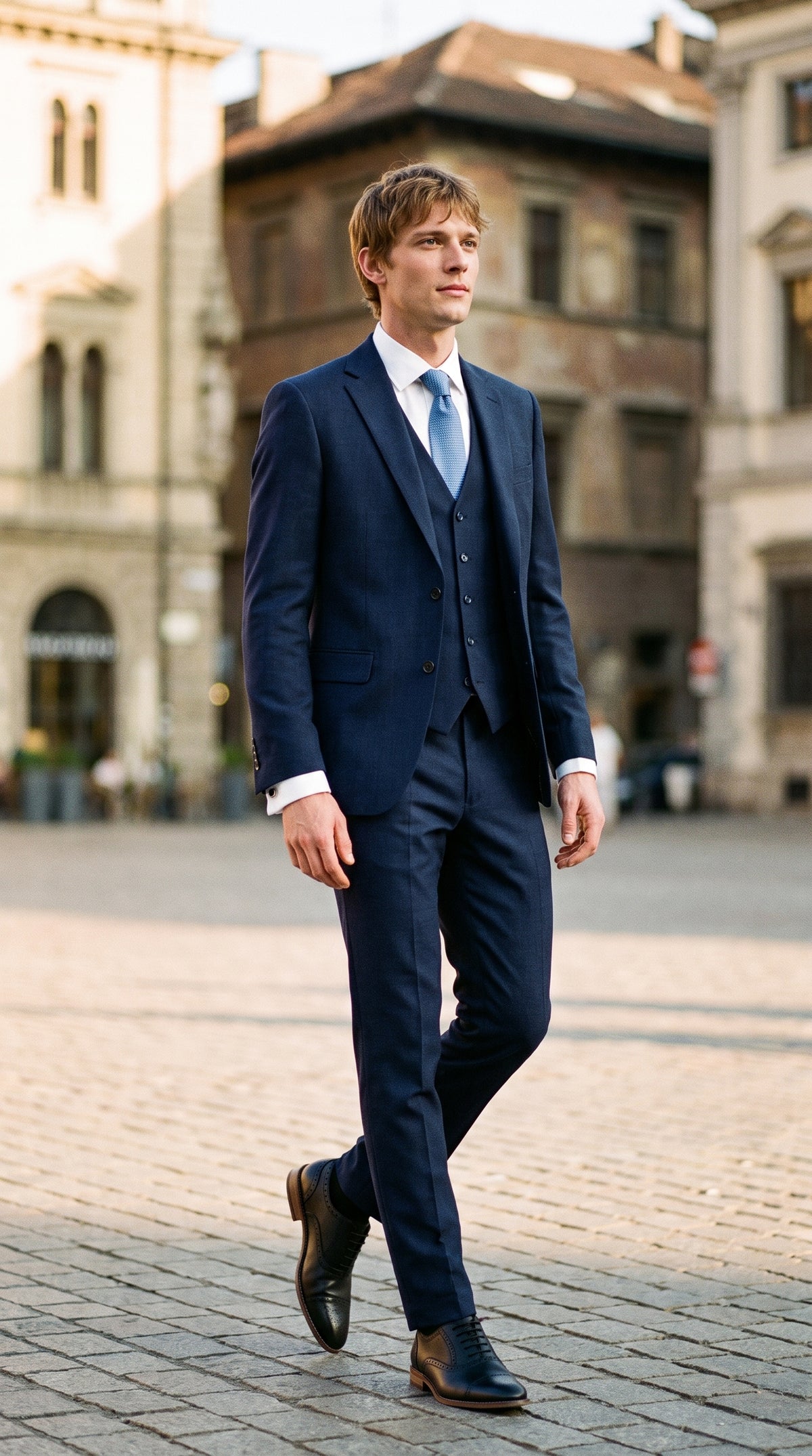 Look #822 styled with James - Férfi sötétkék, háromrészes, gyapjúból készült, szabott öltöny