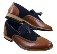 Mens Tweed & Leather Loafers Driving Shoes Slip On Tassle Design Vintage Retro