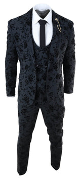 Mens Black 3 Piece Paisley Velvet Suit