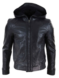 Mens Black Leather Bomber Jacket with Hood