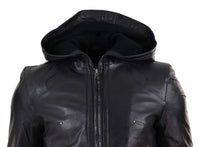 Mens Black Leather Bomber Jacket with Hood