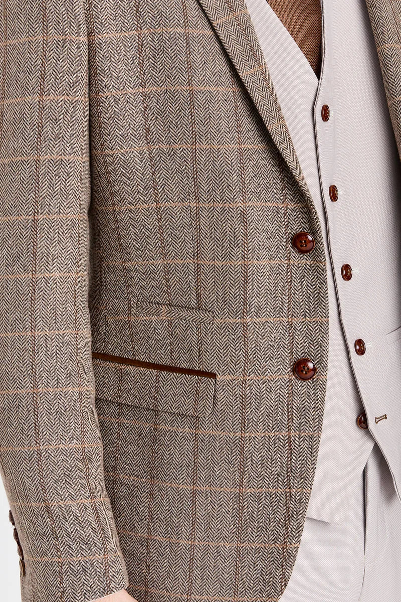 Harris barna tweed öltöny kontrasztos kőmintás mellénnyel és nadrággal
