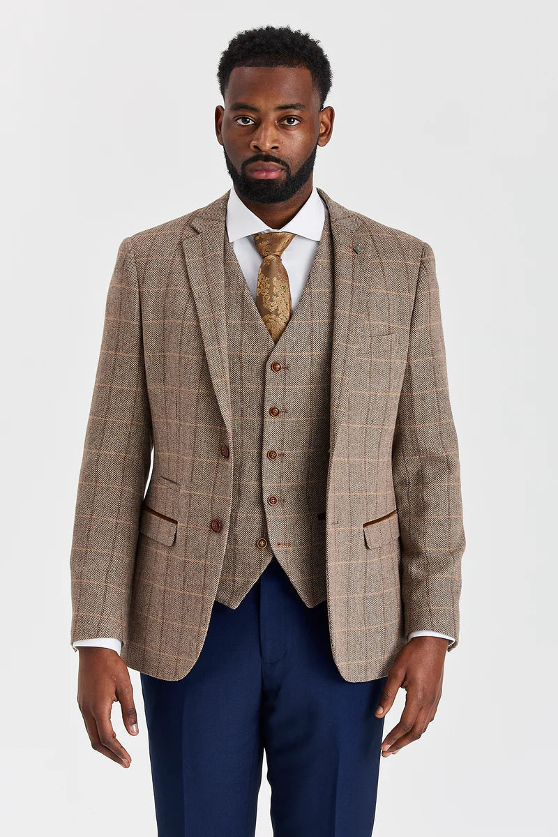 Harris barna tweed öltöny kontrasztos Mayfair sötétkék nadrággal