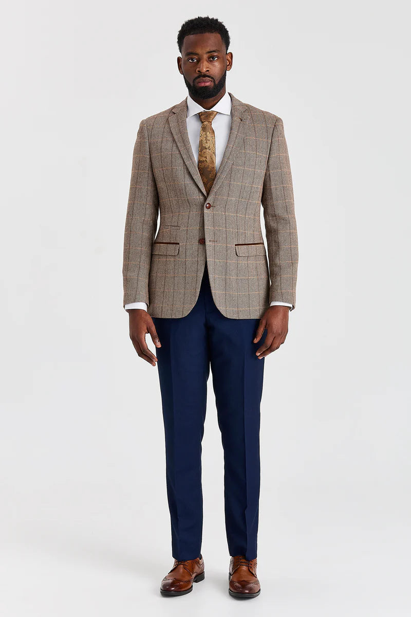 Harris barna tweed öltöny kontrasztos Mayfair sötétkék nadrággal