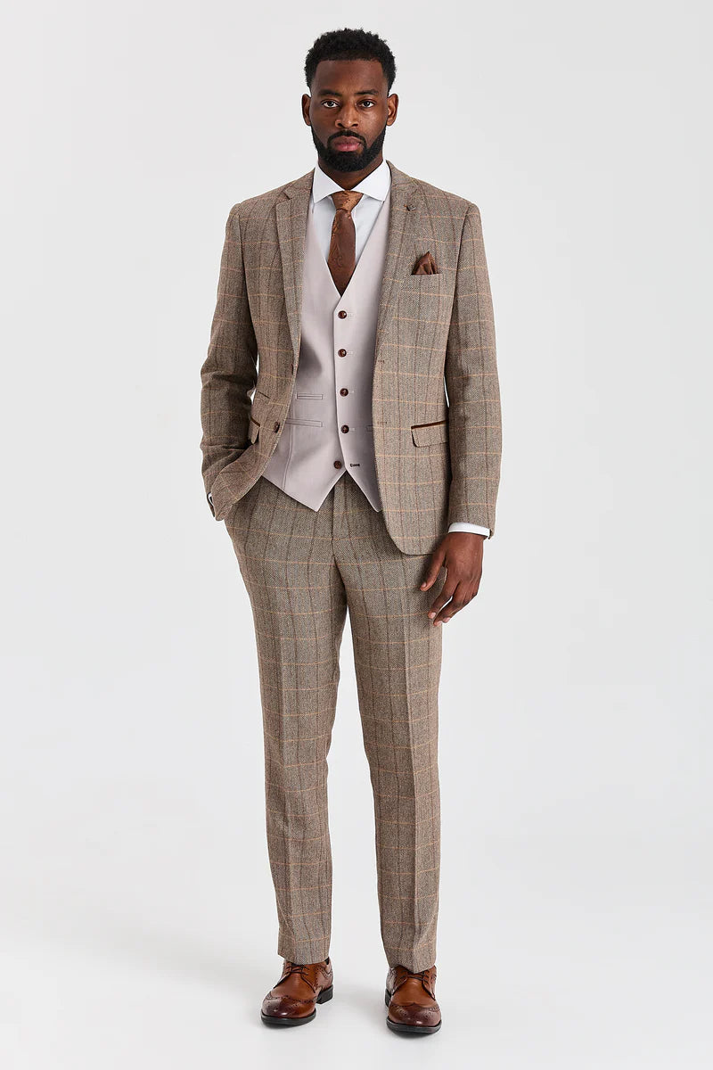Harris barna tweed öltöny Mayfair kőmintás mellénnyel
