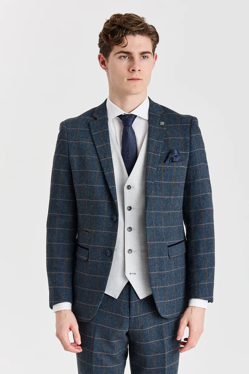 Harris sötétkék tweed öltöny kontrasztos Belmont ezüst mellénnyel