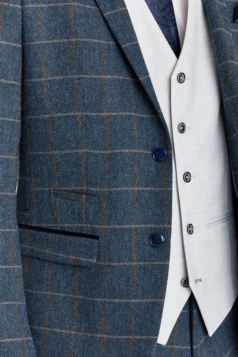 Harris sötétkék tweed öltöny kontrasztos Belmont ezüst mellénnyel