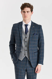 Harris sötétkék tweed öltöny kontrasztos szürke Harris tweed mellénnyel