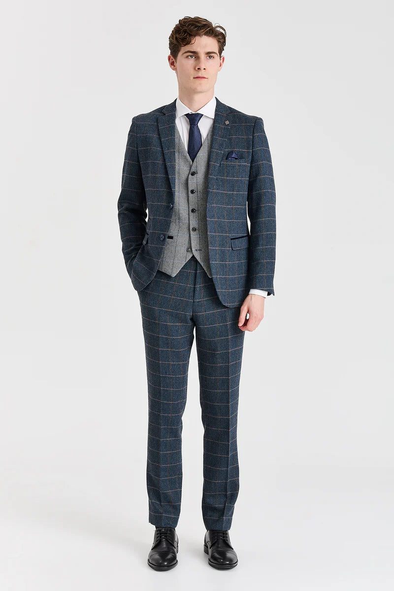 Harris sötétkék tweed öltöny kontrasztos szürke Harris tweed mellénnyel