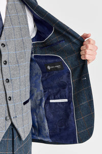 Harris sötétkék tweed öltöny kontrasztos szürke Harris tweed mellénnyel