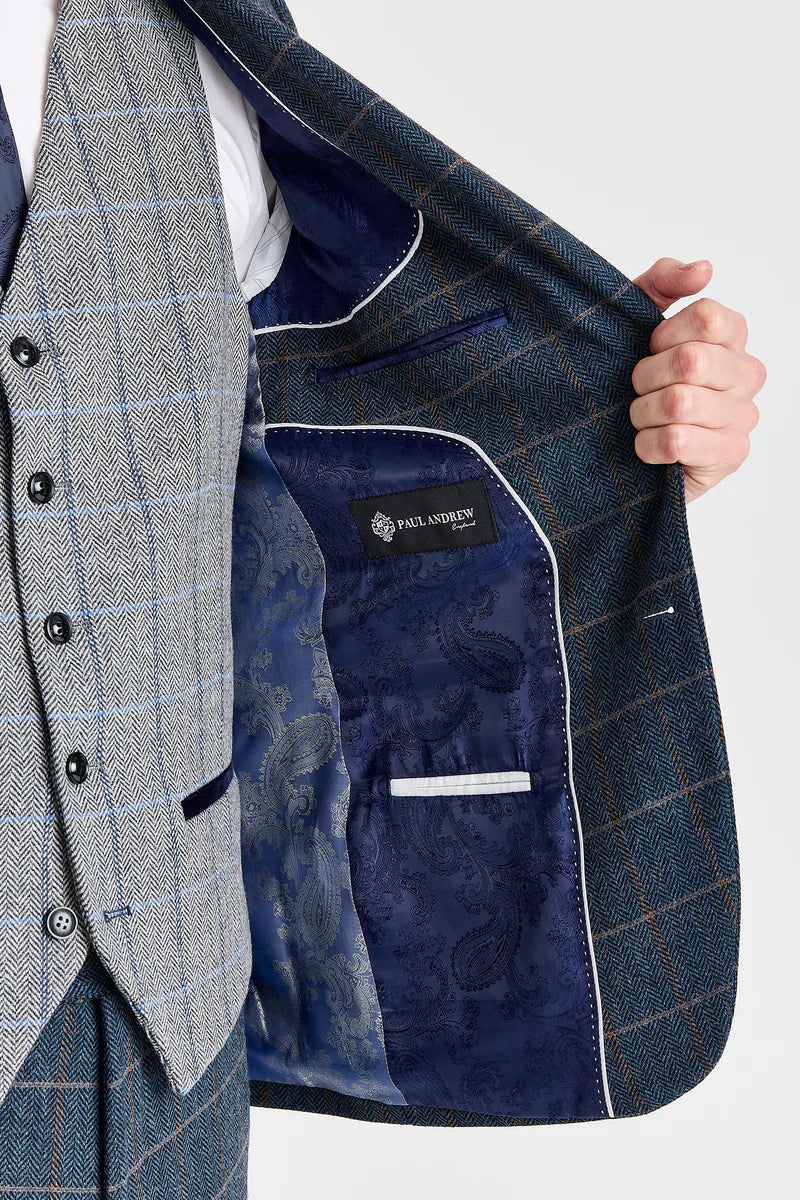 Harris sötétkék tweed öltöny kontrasztos szürke Harris tweed mellénnyel