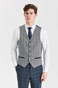 Harris sötétkék tweed öltöny kontrasztos szürke Harris tweed mellénnyel