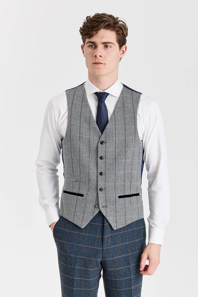 Harris sötétkék tweed öltöny kontrasztos szürke Harris tweed mellénnyel