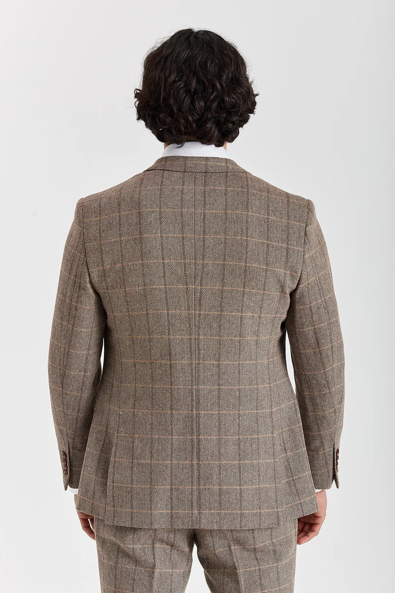 Harris - Barna, halszálkás kockás tweed blézer férfiaknak