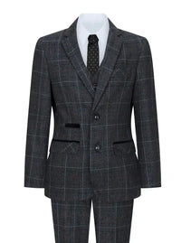 Boys Grey Black 3 Piece Tweed Suit Herringbone Wine Vintage Retro