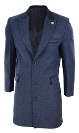 Herringbone Tweed 3/4 Long Overcoat-Navy