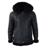 Men's Black Leather Sherling Sheepskin Hood Jacket Aviator Flying Pilot