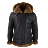 Men's Brown Leather Sherling Sheepskin Hood Jacket Aviator Flying Pilot